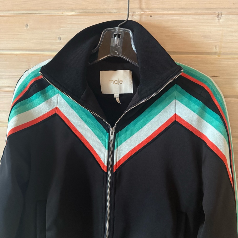 Maje Paris Black Zip Track Jacket Chevron Stripe Size 1 Small